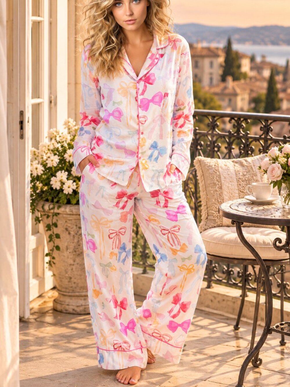 Women’s Silky Bow Print Pajama Set Coquette Button NWT Leg PJs Size M